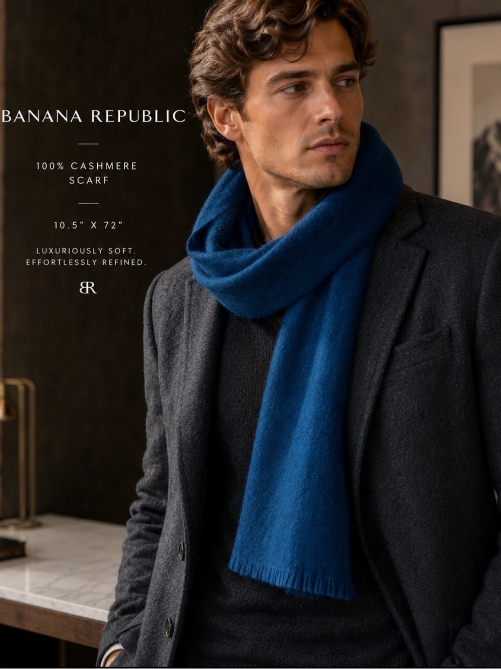 BANANA REPUBLIC BLACK & COBALT BLUE 100% CASHMERE LUX SCARF NW